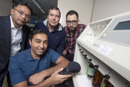 UCI researchers who helped discover that hackers can steal genetic blueprints by interpreting the sounds emitted by a DNA synthesizer are (from left) Mohammad Al Faruque, associate professor of electrical engineering & computer science; Arnav Malawade, a 