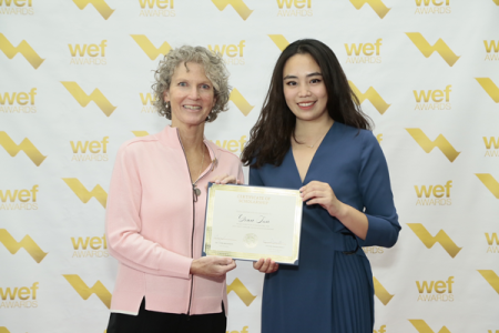 The Water Environment Federation believes in investing in future leaders and outstanding graduate students pursuing an education or career in the water profession,” said Lynn Broaddus (left), WEF president at the time of presentation of the Canham Graduate Studies Scholarship to UCI’s Anne Sun.