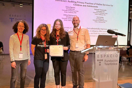 The IMC 2024 Program Committee Chairs Cristel Pelsser (left) and Dave Levin (far right) present the Best Student Paper Award to Athina Markopoulou (second from left) and Olivia Figueira.