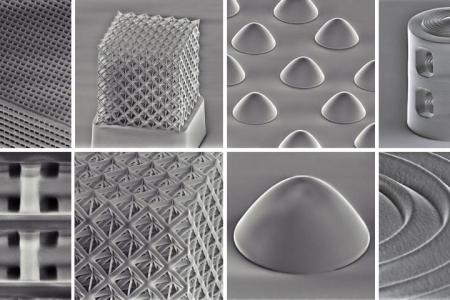 A UCI-led team of engineers developed a method to 3D print glass micro- and nanostructures. Scanning electron microscope images show nanolattice structures on upper left to parabolic microlenses on upper right. The bottom row shows close-in details of the microscopic images, with a detail of a nanostructured Fresnel lens element on the lower right. Jens Bauer / UCI, KIT