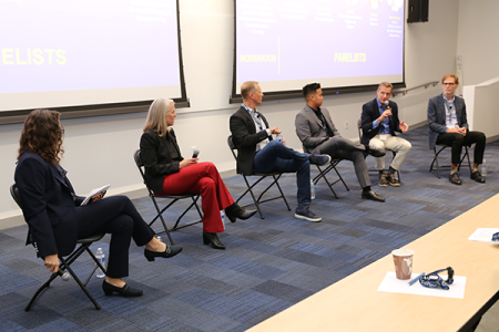 A Med/Tech Industry Panel kicked off the BME 20th Anniversary Celebration Event. Pictured, from left, are Naomi Chesler, Virginia Giddings, John Knudson, Dan Ho, Dan Volz and Bruce Tromberg.