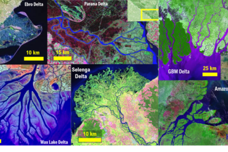 The mosaic shows satellite views of the Ebro, Paraná, Ganges-Brahmaputra-Meghna, Wax Lake, Selenga, and Amazon deltas. Despite these enormous geographical differences, the research demonstrates that their growth is governed by universal mathematical laws. The mosaic shows satellite views of the Ebro, Paraná, Ganges-Brahmaputra-Meghna, Wax Lake, Selenga, and Amazon deltas. Despite these enormous geographical differences, the research demonstrates that their growth is governed by universal mathematical laws.