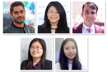 Pictured, clockwise from top left, are Samueli School graduate students Amir-Salar Esteki, Joanne Ly, Snehan Peshin, Nhi Quach, and Hong Wei.  