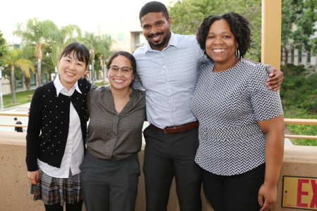 UCI faculty hired through the Faculty Hiring for Leveraged Research Excellence program celebrate the formal opening of laboratories for stem cell tissue engineering. From left are Momoko Watanabe, Herdeline “Digs” Ardoña, Quinton Smith and Tayloria Adams. 