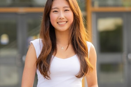 Mechanical and aerospace engineering senior Sunny Lin in front of Engineering Hall at UC Irvine.