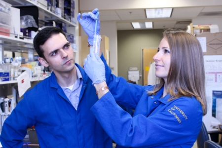 Henry Farhoodi, a graduate student in pharmaceutical sciences, and Aude Segaliny, a postdoctoral scholar in pharmaceutical sciences, were part of the UCI research team that developed a new strategy for battling cancer that has metastasized to bones. Maurisa Jones / UCI