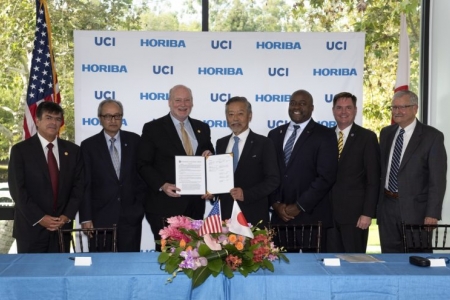 Dignitaries at the UCI campus signing ceremony launching the new Horiba Institute for Mobility and Connectivity on Aug. 29 included Enrique Lavernia, provost & executive vice chancellor; Jai Hakhu, president & CEO, Horiba International Corp.; Chancellor H