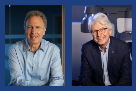 Marios Papaefthymiou (left), professor of computer science and the Ted and Janice Smith Family Foundation Dean of the Donald Bren School of Information and Computer Sciences, and Tibor Juhasz, professor of biomedical engineering and ophthalmology & visual sciences, have been named 2025 fellows by the National Academy of Inventors. Steve Zylius / UC Irvine