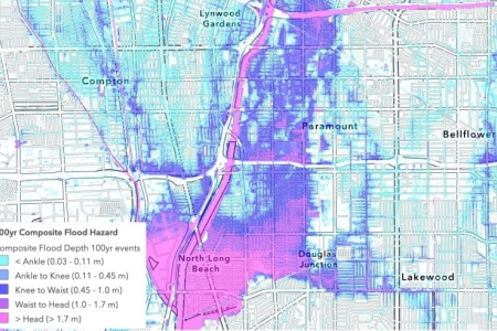 A new urban flood modeling platform developed by UCI researchers reveals areas around Greater Los Angeles that are at highest risk of damaging flooding from excessive rainfall during an atmospheric river event or from melting snow in the spring. Brett Sanders / UCI