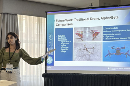 Michelle Manku presents the Flapping-Wing Micro Air Vehicle project team’s future research plans at ASME International technical conference.