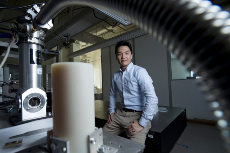 Jaeho Lee's nanomaterials lab at UCI features a customized vacuum chamber that allows samples to be heated to enormous temperatures. By doing so, he can determine whether the substances have suitable thermoelectric properties. Steve Zylius / UCI