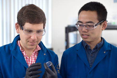 UCI engineering professor Alon Gorodetsky and doctoral student Chengyi Xu have achieved a breakthrough, inventing a stretchy new material modeled after both squid skin and Hollywood dinosaurs with remarkable properties. Steve Zylius / UCI