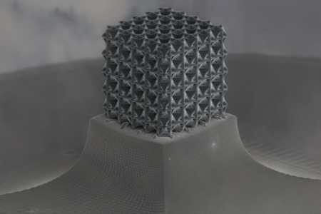 With wall thicknesses of about 160 nanometers, a closed-cell, plate-based nanolattice structure designed by researchers at UCI and other institutions is the first experimental verification that such arrangements reach the theorized limits of strength and stiffness in porous materials. Cameron Crook and Jens Bauer / UCI