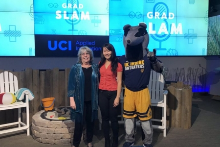 Frances Leslie (left), dean of UCI’s Graduate Division, congratulates Rachel Rosenzweig, Ph.D.