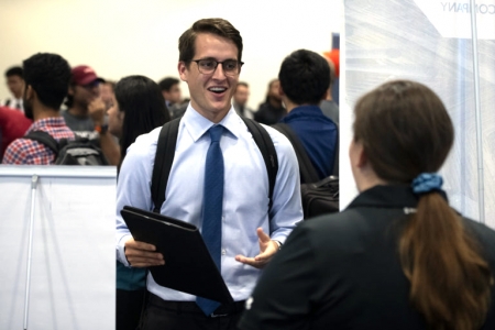 Seth Dalmas, a fifth-year UCI student finishing up bachelor’s degrees in both civil engineering and German, got an internship through the STEM Career Fair two years ago and snagged two interviews this time. Steve Zylius / UCI