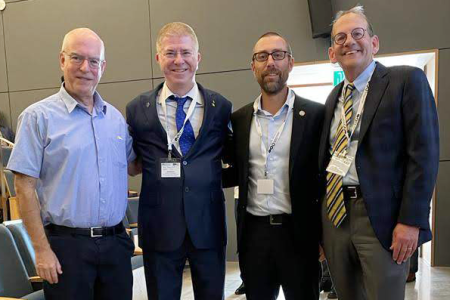 From left, Ariel Porat, president of Tel Aviv University; Noam Eliaz, dean of the engineering faculty at TAU; Magnus Egerstedt, dean of the Samueli School of Engineering; and Hal Stern UCI provost and executive vice chancellor, attend Bio-Convergence 2030, a two-day workshop on biomedical innovation, at the Steinhardt Museum at TAU, Israel. 