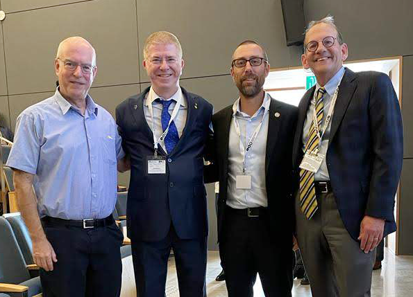 From left, Ariel Porat, president of Tel Aviv University; Noam Eliaz, dean of the engineering faculty at TAU; Magnus Egerstedt, dean of the Samueli School of Engineering; and Hal Stern UCI provost and executive vice chancellor, attend Bio-Convergence 2030, a two-day workshop on biomedical innovation, at the Steinhardt Museum at TAU, Israel. 