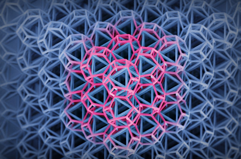 Novel tensegrity metamaterials by UCI and Georgia Institute of Technology researchers employ isolated compressive loop elements that are exclusively connected through a continuous network of tensile members (highlighted in magenta). Jens Bauer and Cameron Crook / UCI