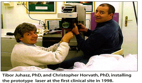 In 1998, Tibor Juhasz (left) and Christopher Horvath install the first femtosecond laser eye surgery prototype in Budapest, Hungary. A few days later, it was used for the first time on a human subject. Dr. Ron Kurtz