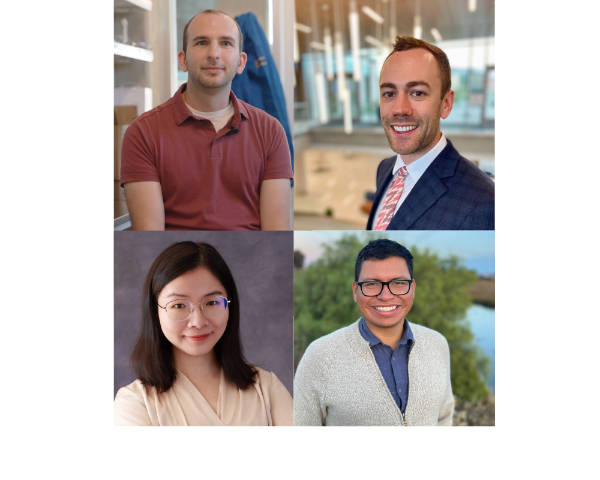 Four early career faculty receive UC research awards, clockwise from top left, Ty Christoff-Tempesta, Matthew Dean, Christopher Ignacio Olivares Martinez and Fei Xia.